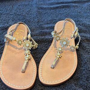 Handmade Jeweled Gold T-Strap Sandals from Capri Italy.